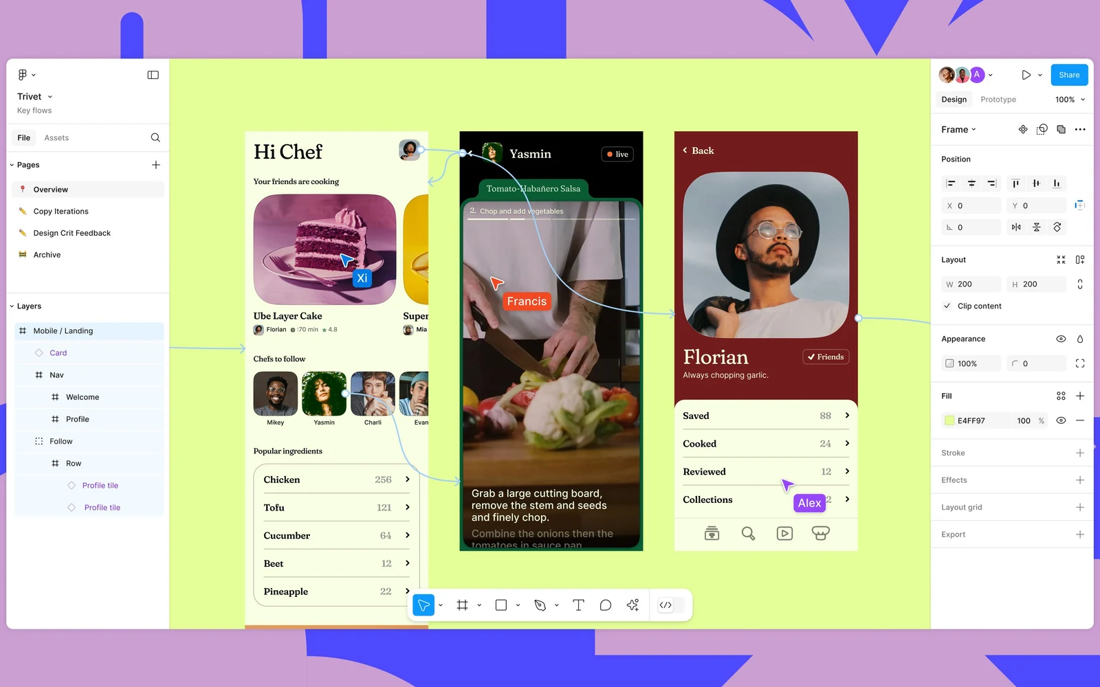 Figma UI3 editor with live product-design work on the canvas and interface panels around it.