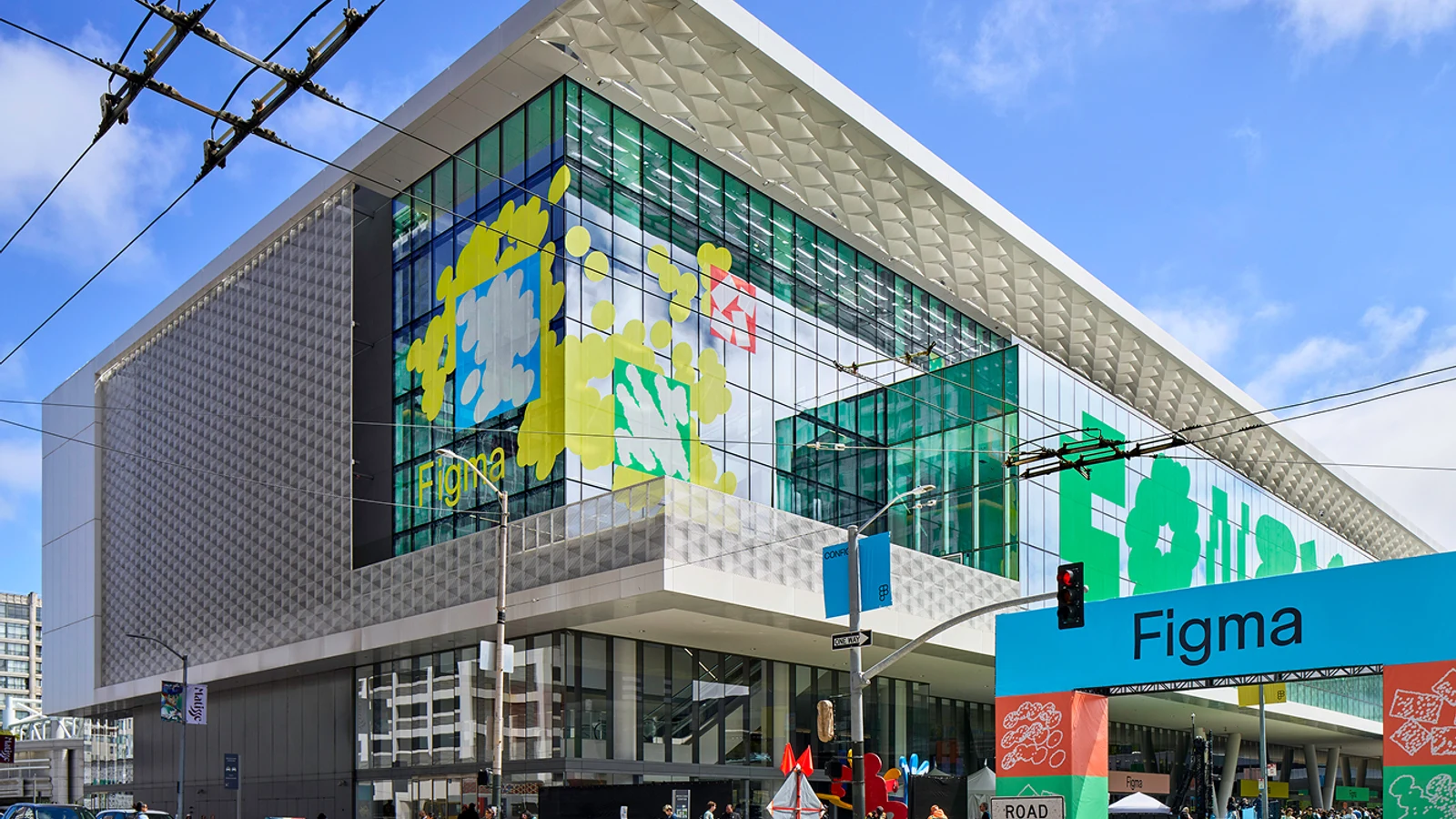 Moscone Center exterior transformed with Figma and Config 2026 graphics.