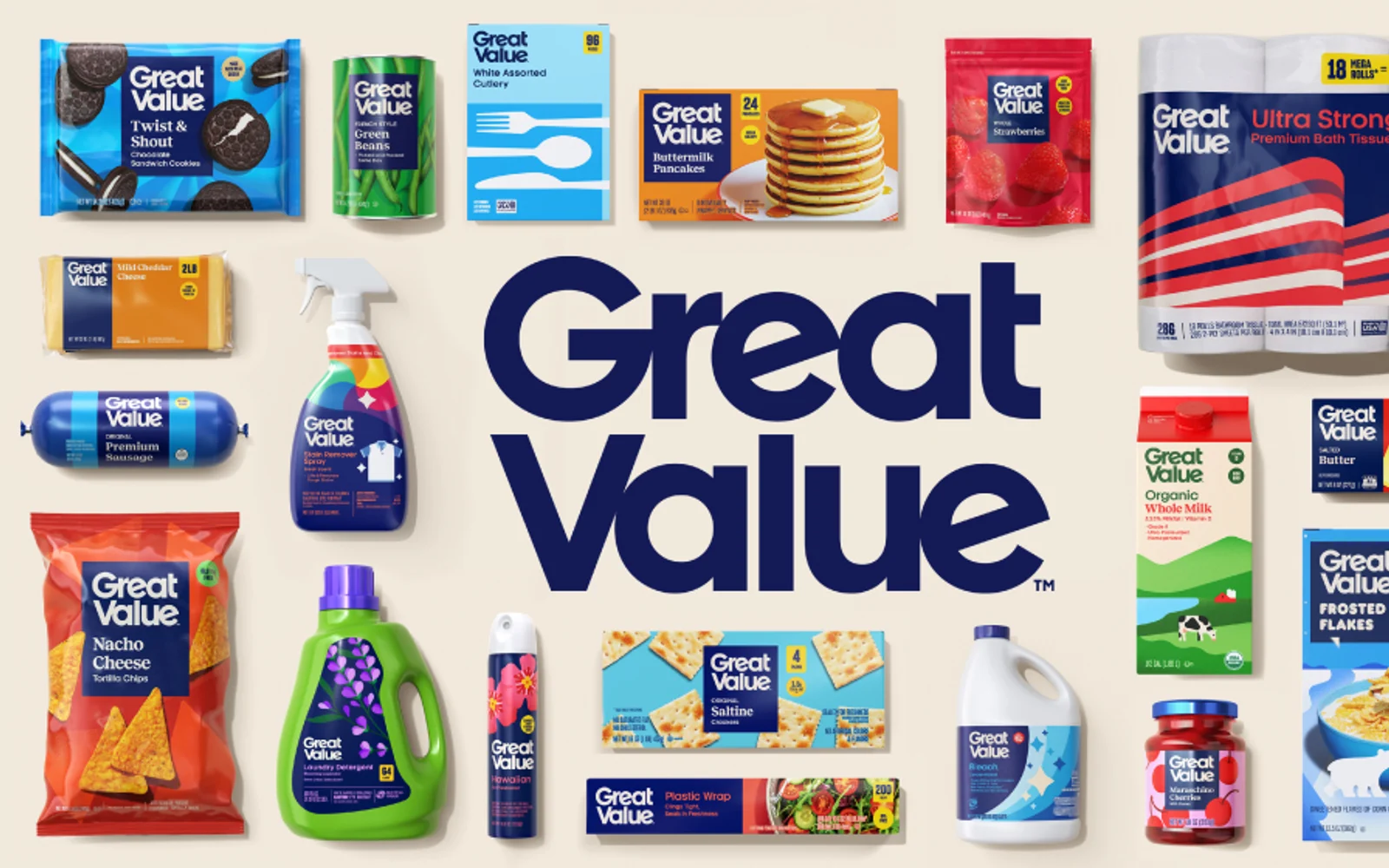 Official Great Value 2026 redesign system showing the navy wordmark surrounded by colorful food and household packages.