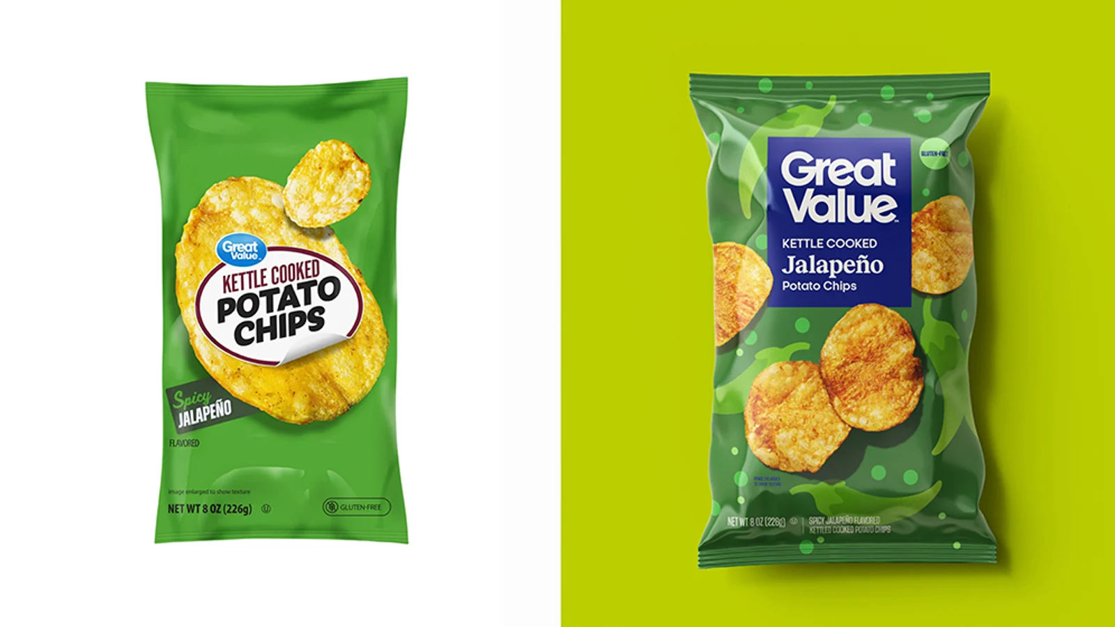 Before-and-after Great Value kettle chip bags from Walmart's 2026 redesign release.