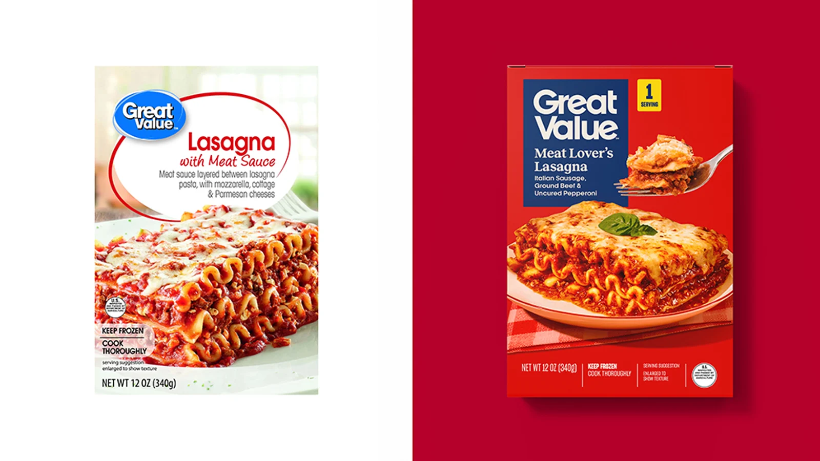 Before-and-after Great Value lasagna packages on white and deep red fields.