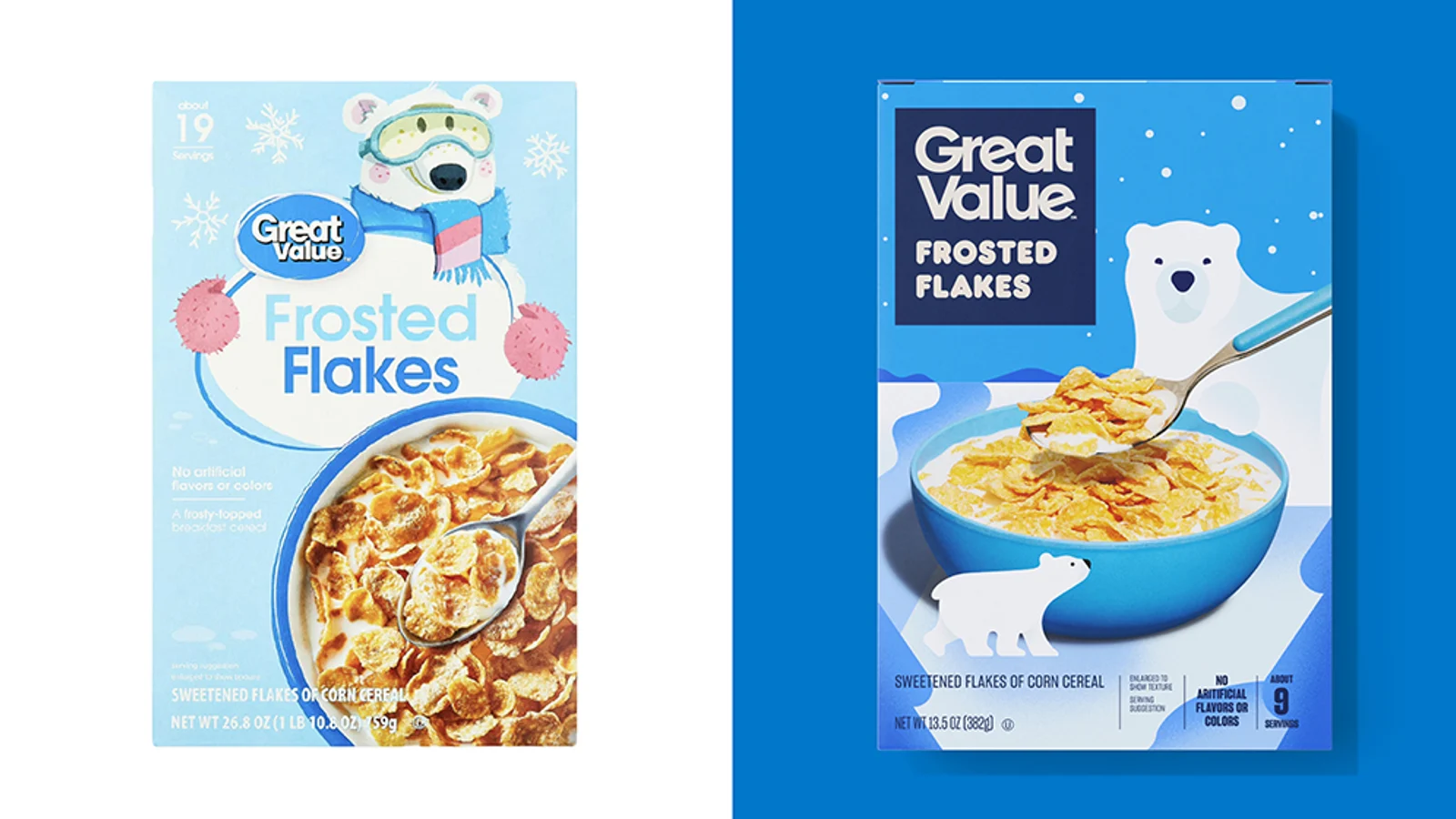 Before-and-after Great Value frosted flakes cereal packages in light and deep blue.