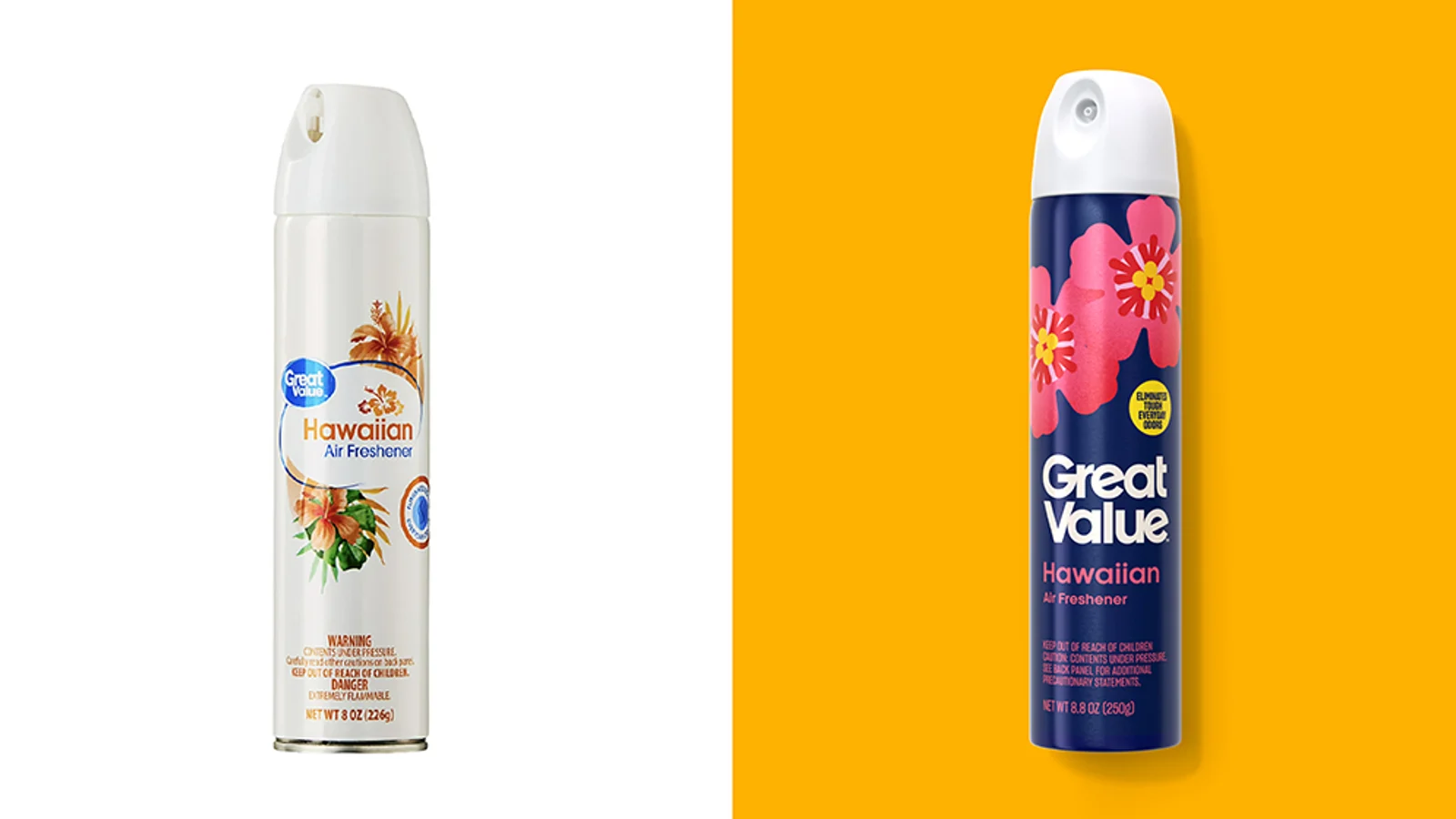 Before-and-after Great Value Hawaiian air freshener packages against white and warm yellow.