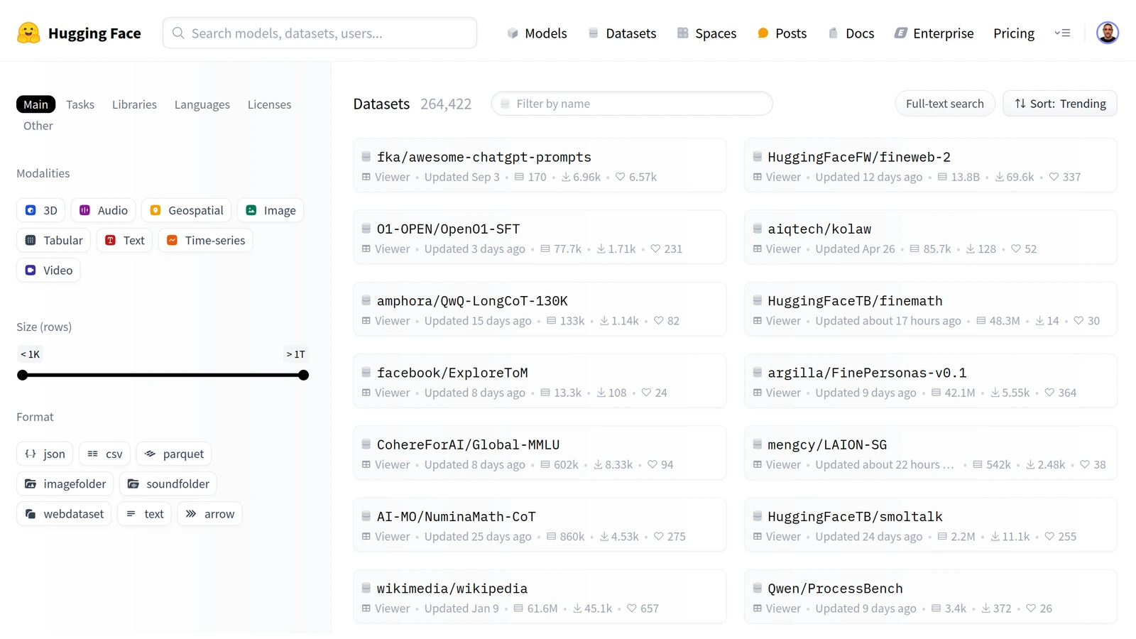 Hugging Face Datasets catalog interface from the official documentation image repository.