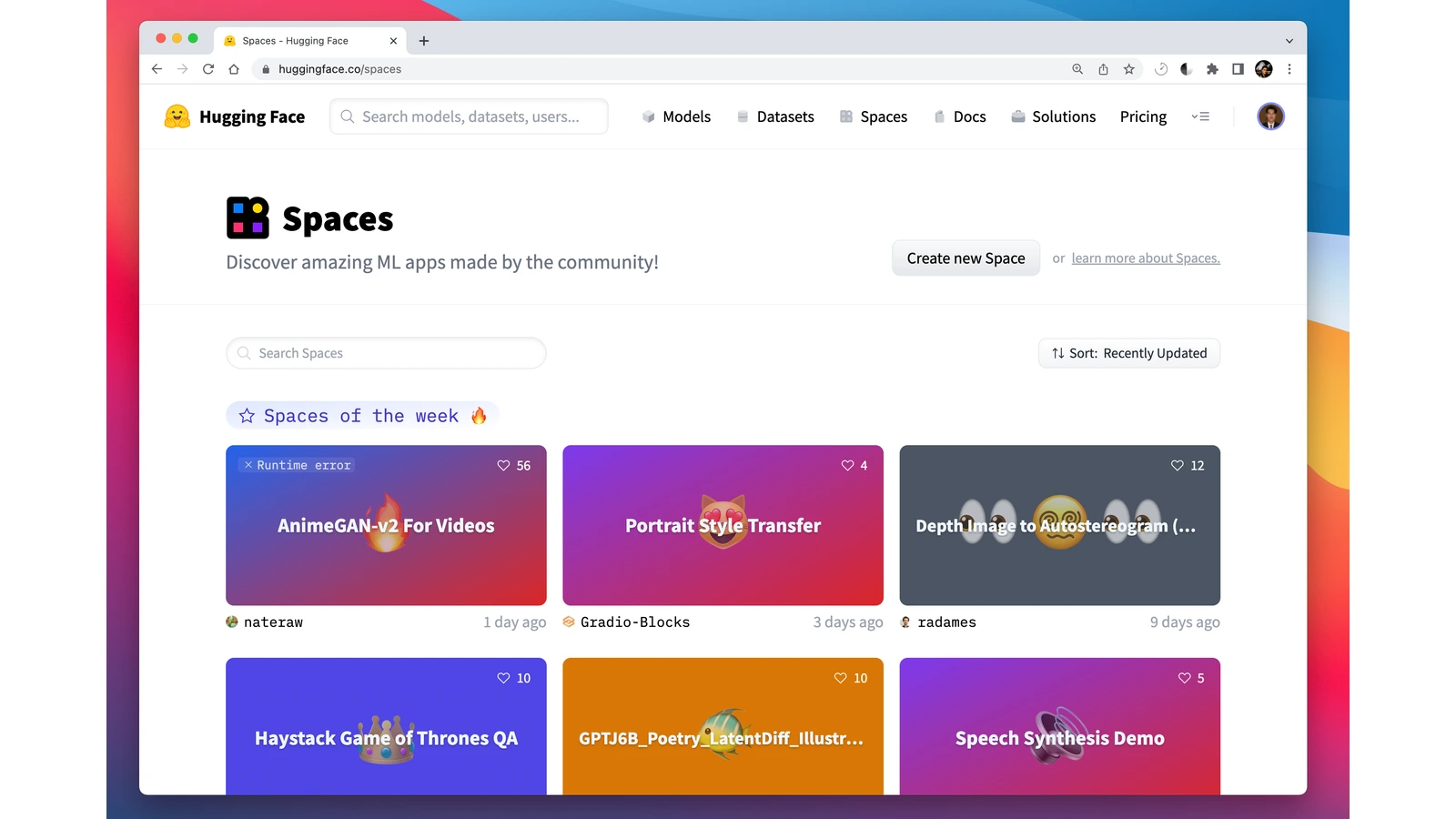 Hugging Face Spaces landing interface from official documentation.