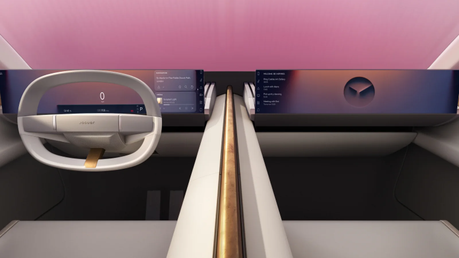 Jaguar Type 00 interior in warm rose and brass tones.