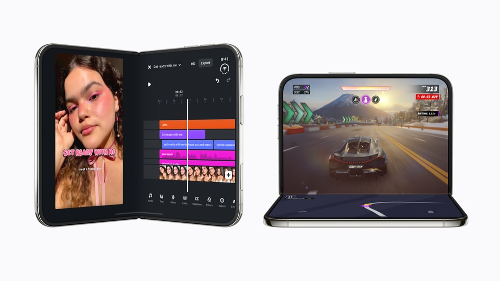 Two iPhone Duo devices showing Instagram Edits and Asphalt Legends on their folding displays.