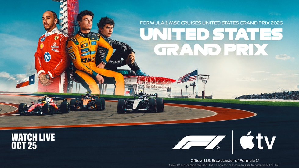 Official Apple TV United States Grand Prix graphic with three drivers, racing cars and an October 25 broadcast date.