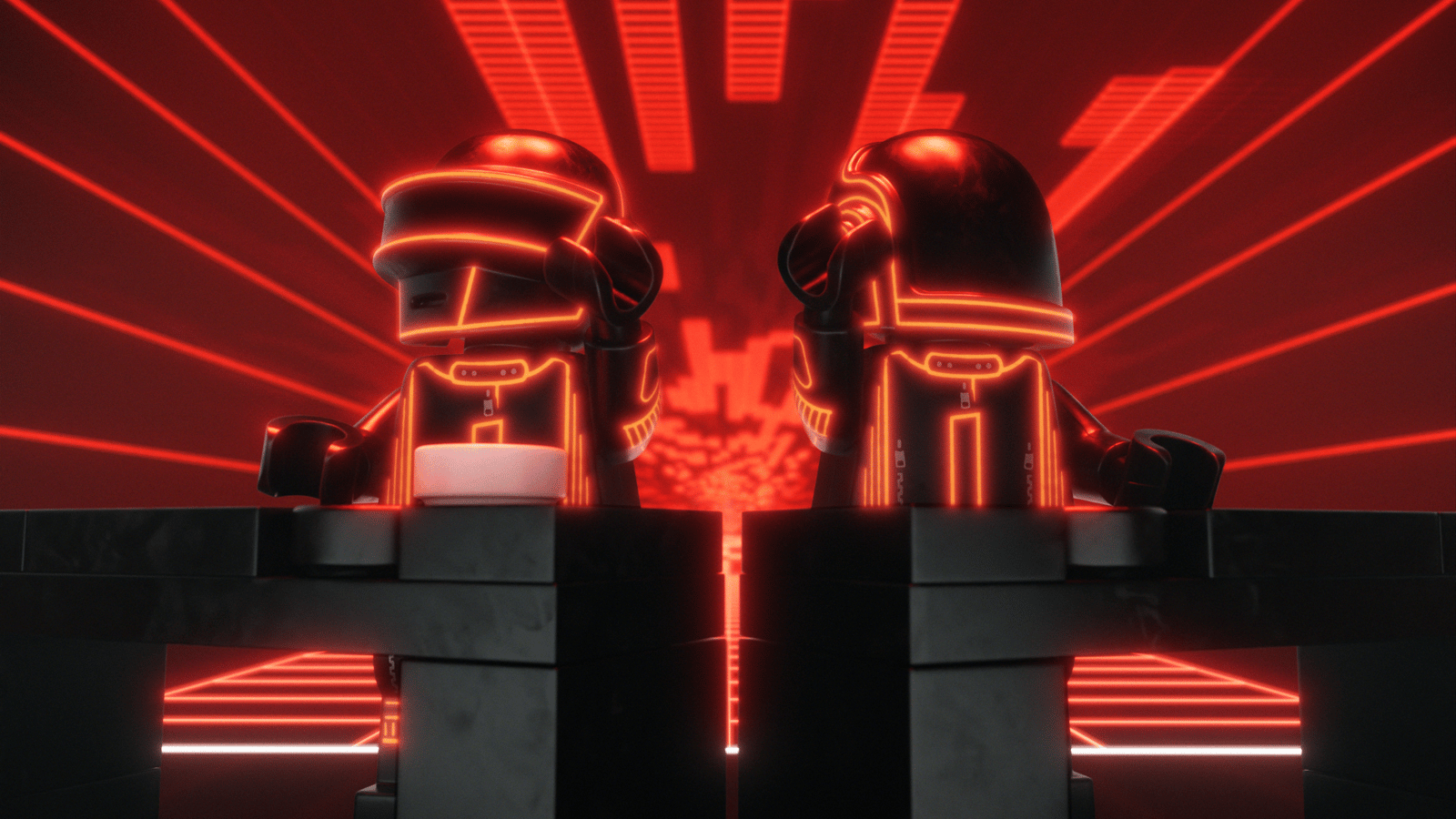 Daft Punk LEGO minifigures behind a brick-built console in the official partnership film, lit in red.