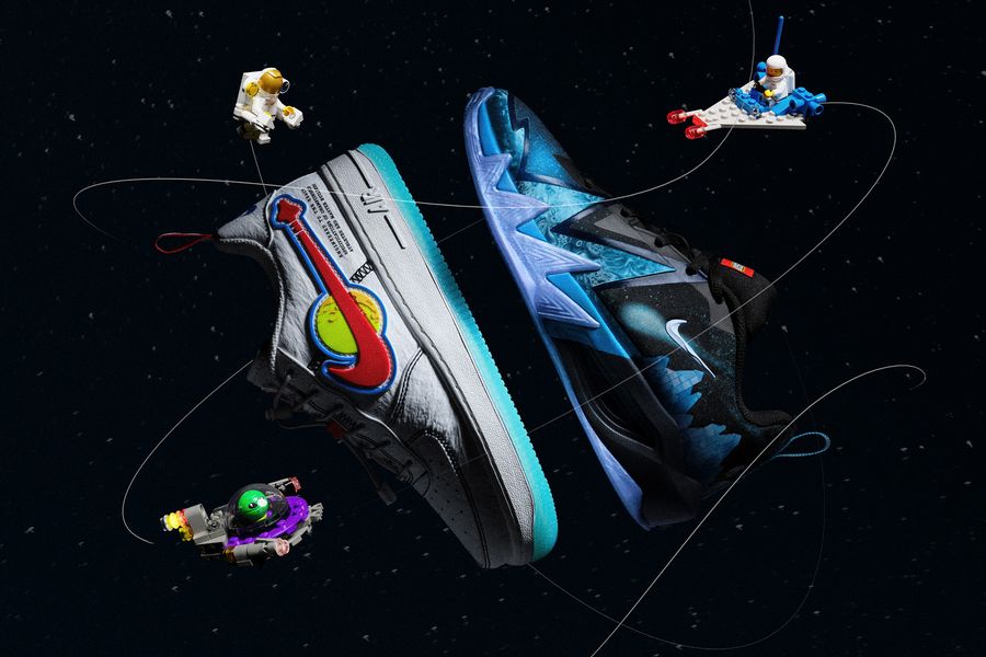 Nike Air Force 1 Low LV8 and S.T. Dynamite sneakers with LEGO space characters against a starfield.