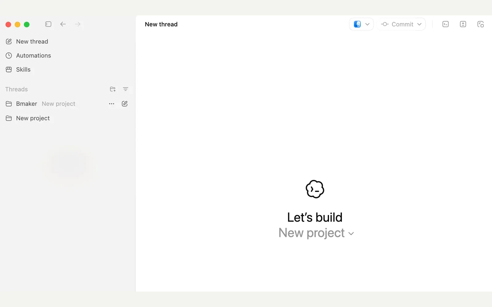 OpenAI Codex desktop app start screen showing the Codex mark and a new project workspace.