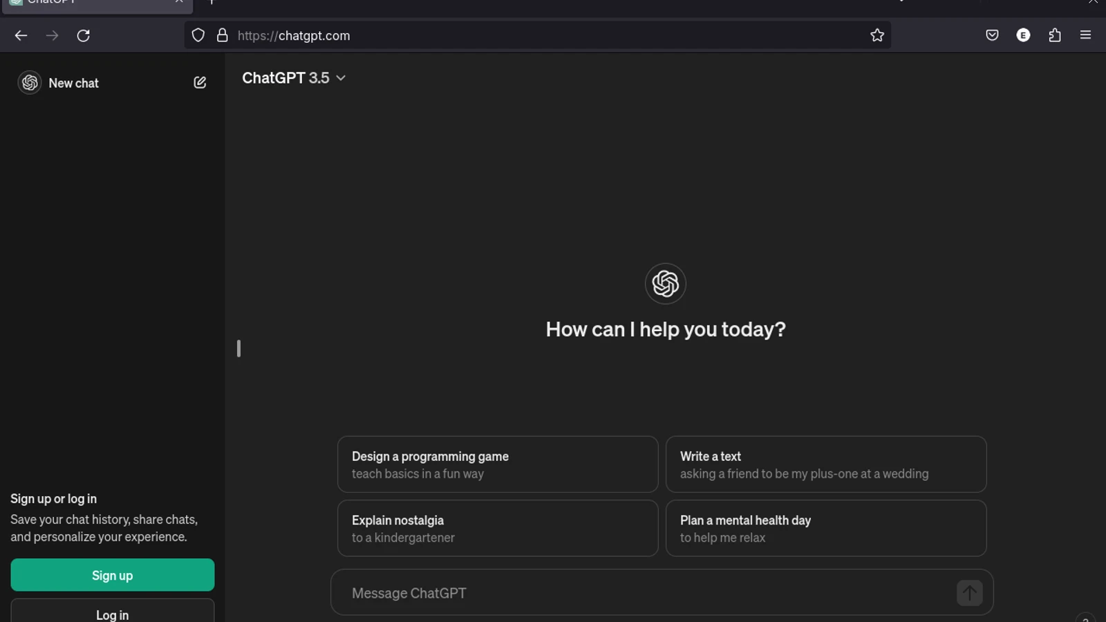 ChatGPT web interface open to a new conversation.