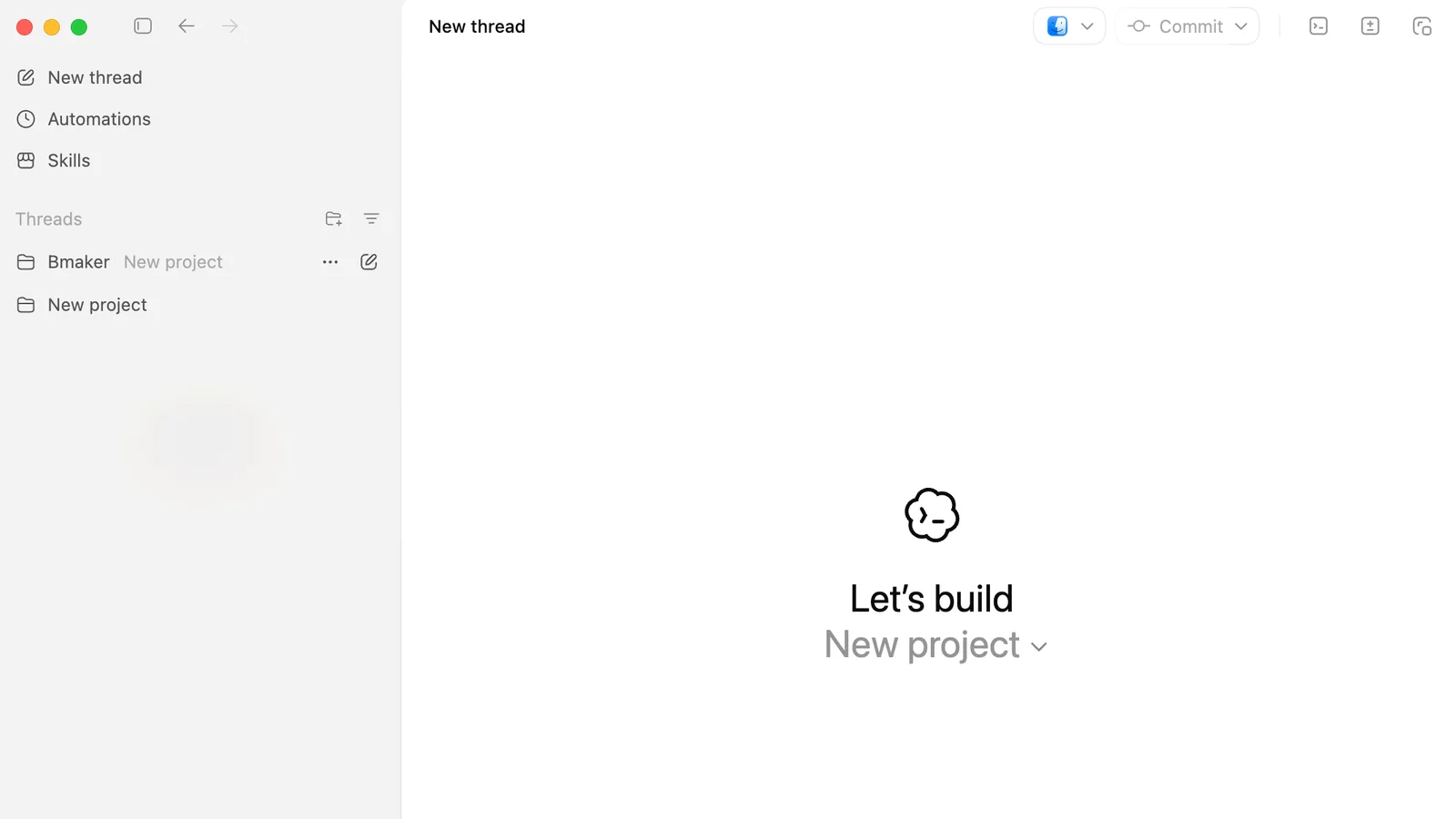 OpenAI Codex desktop start screen for a new local project.