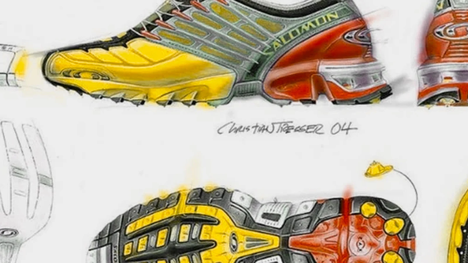 Salomon ACS footwear sketch with outsole and chassis studies.