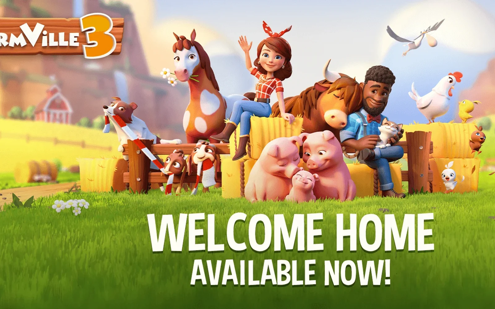 FarmVille 3 characters and animals gathered in a bright farm world beneath the official game title.