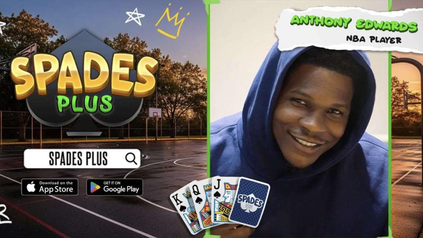 Spades Plus and Anthony Edwards partnership artwork on a basketball court.