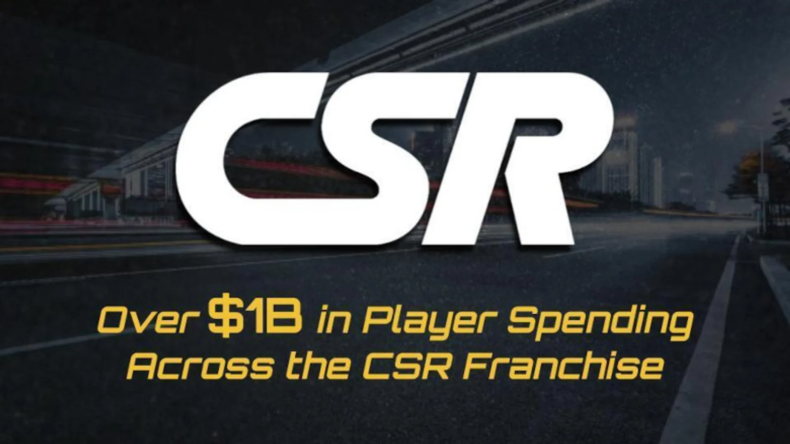 Official CSR franchise milestone art over a dark racing garage.