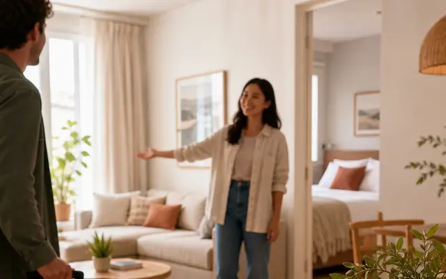 Photorealistic hosted-stay arrival scene with a host welcoming a guest into a warm apartment.