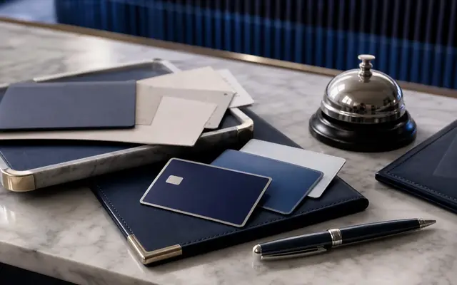Premium service desk with blank blue payment cards, concierge bell, travel documents, and no visible brand logo or card numbers.
