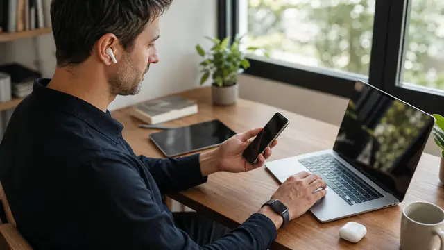 Person using a coordinated smartphone, laptop, smartwatch, tablet, and wireless-earbud system at a home workspace.