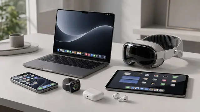 Photorealistic Apple ecosystem desk with a MacBook, iPhone, iPad, Apple Watch, AirPods-style audio, and Vision-style spatial headset in a restrained silver, black, and white palette.