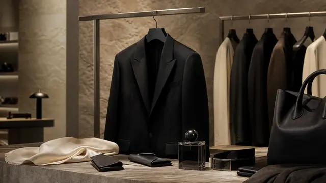 Generated Armani-style showroom proof scene showing restrained tailoring, boutique objects, hospitality cues, and portfolio architecture.