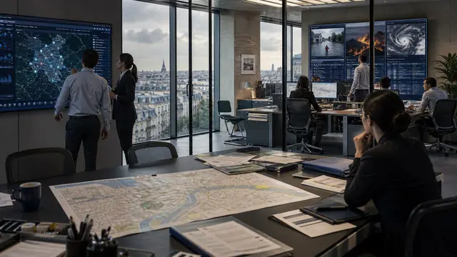 Insurance risk-response team coordinating flood, fire and storm claims from a Paris claims center.