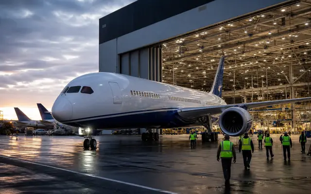 Widebody test aircraft rolling out of a large final-assembly hangar with flight-test crews.