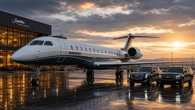 Generated Bombardier long-range business jet apron scene with North American SUVs for scale.
