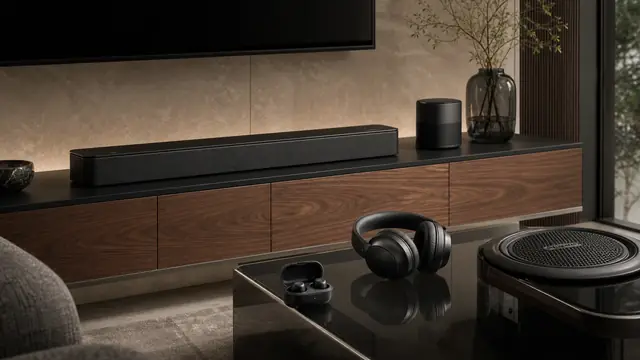 BOSE-style premium home audio ecosystem with soundbar, compact speaker, headphones, earbuds, and automotive speaker grille cue.