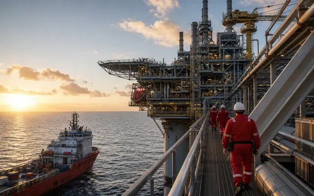 An offshore energy platform at dawn with disciplined crew and supply-vessel operations.