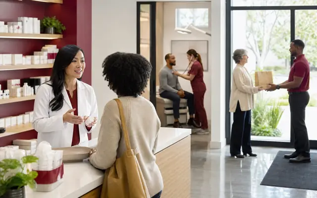 A neighborhood pharmacy consultation connected to clinic and home-care access in one coherent health environment.