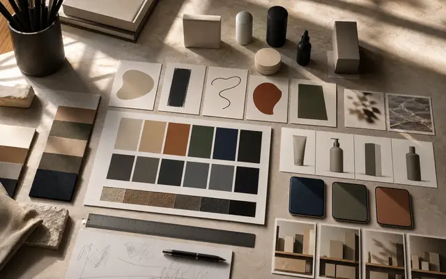 Distinctive brand asset testing surface with color swatches, shape cards, package silhouettes, and app tile mockups.