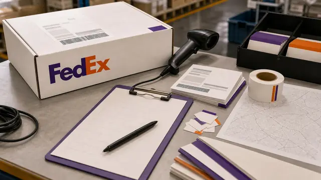 Photorealistic FedEx logistics desk with a large visible FedEx-branded parcel, scanner, labels, and delivery-window proof artifacts.