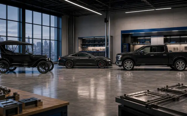 Ford product-family scene with Model T style car, Mustang style coupe, and F-Series style pickup in a design studio.