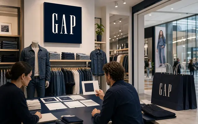 Photorealistic Gap apparel retail store with denim wall, classic blue square sign, shopping bags, and identity materials.