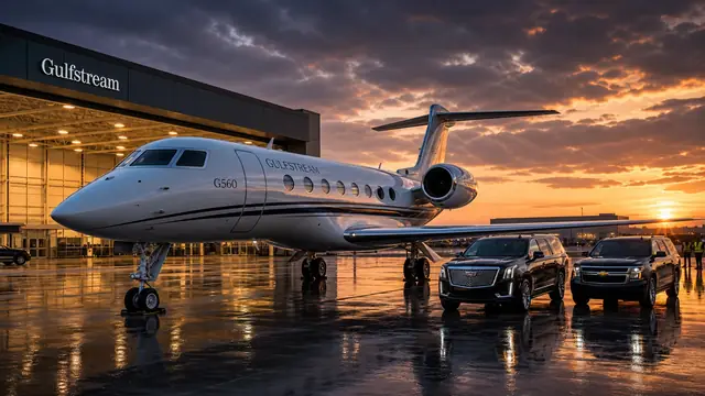 Generated Gulfstream G560-class FBO apron scene with American SUVs for scale and a closed door.
