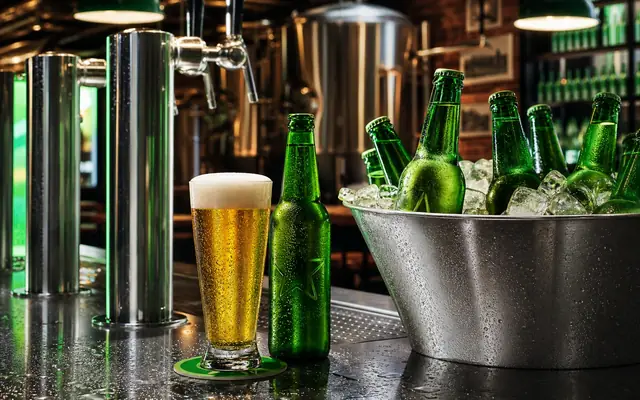 Premium Heineken-style bar and bottle memory scene in green and red light without readable labels.