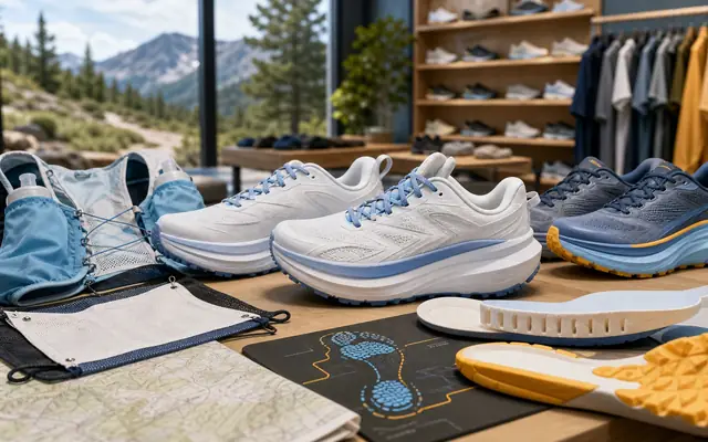 Photorealistic running specialty scene with max-cushion footwear, trail gear, outsole material, maps, and product evidence points.