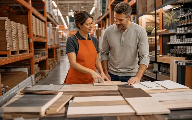 Hardware-store project-help scene with an orange-apron associate, lumber, tools, carts, and no visible brand logo.