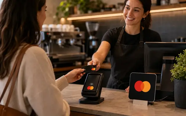 Photorealistic cafe checkout scene with contactless card payment, terminal, phone wallet, and Mastercard red, yellow, and orange-overlap recognition cues.