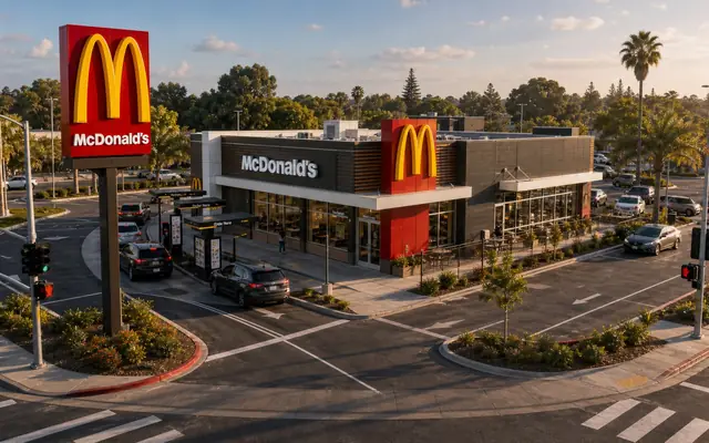 Photorealistic McDonald's corner restaurant with Golden Arches signage, drive-thru lanes, road frontage, parking, and prime-site visibility.