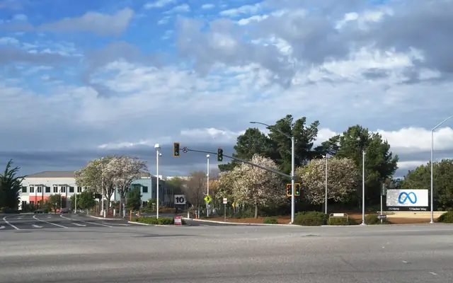 Meta headquarters campus sign and buildings in Menlo Park.