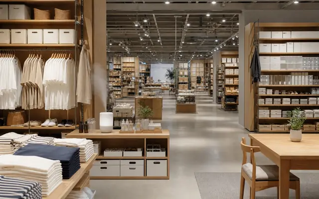 Warm MUJI-style store interior joining household objects, apparel and natural materials in one restrained retail system.