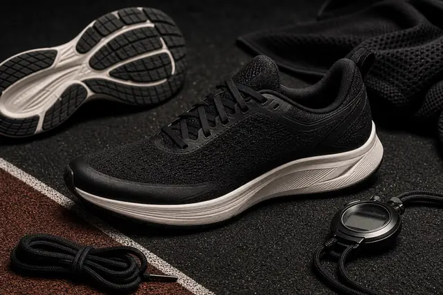 Photorealistic editorial still life of a black-and-white running shoe, track surface, laces, mesh, and stopwatch.