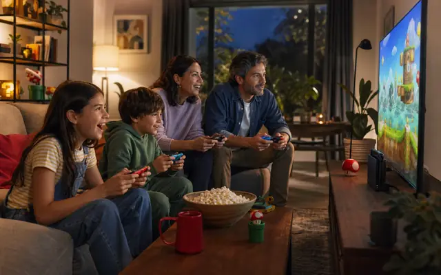 Story-led family play scene where parents and children use a new Nintendo-style console with Mario-like game-world cues, connecting family play, hardware, and character memory.