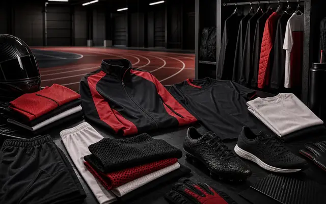 Photorealistic sports-performance development workbench with unbranded football boots, running spike materials, red-black-white fabric swatches, track photo, calipers, stopwatch, and blank product notes.