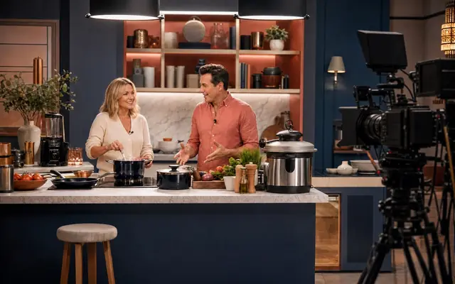 A logo-free live-shopping studio demonstration with host, guest, product set, and broadcast lighting.