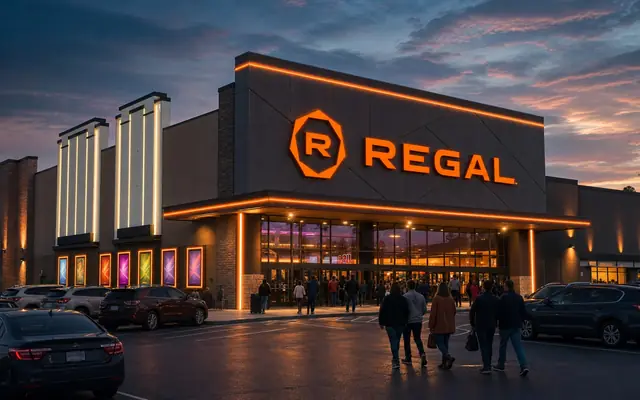 An active Regal cinema exterior at dusk with guests arriving under the current orange aperture-crown and wordmark.