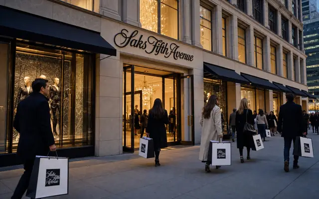 A realistic Saks Fifth Avenue flagship entrance with black script signage, luxury windows, and evening shoppers.